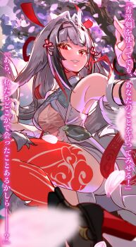 1girl armlet armpits bare_shoulders black_hair black_shoes blurry blurry_foreground breasts cherry_blossoms china_dress chinese_clothes clover clover_hair_ornament commentary_request dress droopy_ears falling_petals grin hair_ornament hairband hands_up harukimatsui_25 highres jewelry leg_tattoo leg_up long_hair looking_at_viewer medium_breasts metal_bracelet multicolored_hair petals red_eyes red_hair red_ribbon ribbon see-through_clothes shoes silver_armlet smile solo tattoo transformation translation_request white_hair white_hairband white_tail ye_shunguang zenless_zone_zero