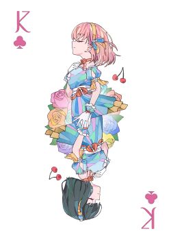 Rule 34 | 2girls, 5th live tour ~4pair power spread!!!!~, absurdres, bare shoulders, blue dress, blue flower, blue rose, bow, bow choker, card, card (medium), celebration! (love live!), cerise bouquet, cherry, choker, closed eyes, commentary, detached sleeves, dress, flower, food, frilled gloves, frills, fruit, gloves, highres, hinoshita kaho, king (playing card), king of clubs, link! like! love live!, love live!, momose ginko, multiple girls, official alternate costume, orange bow, orange choker, orange flower, orange rose, pink flower, pink rose, playing card, playing card (medium), profile, puffy short sleeves, puffy sleeves, purple flower, purple rose, rose, rotational symmetry, short sleeves, simple background, smile, strapless, strapless dress, sunkeun, virtual youtuber, white background, white gloves, yellow flower, yellow rose