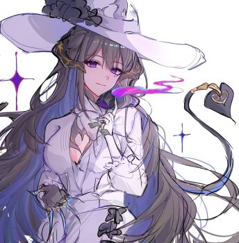 1girl black_flower breasts claws cleavage_cutout clothing_cutout colored_inner_hair commentary constance_(honkai:_star_rail) dress flower hat hat_flower highres honkai:_star_rail honkai_(series) horns large_breasts long_hair looking_at_viewer mole mole_under_eye multicolored_hair purple_eyes souri_10244 sun_hat tail very_long_hair white_background white_dress white_hat