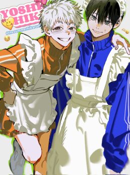 2boys apron arm_around_shoulder avandee11949 black_hair blue_jacket blush character_name crossdressing crossdressing_(mtf) grey_eyes grin hair_between_eyes hand_on_own_hip highres hikaru_ga_shinda_natsu indou_hikaru jacket maid_apron maid_headdress male_focus mole mole_on_cheek mole_under_eye mole_under_mouth multiple_boys orange_jacket red_pupils shoes short_hair smile sweatdrop teeth tsujinaka_yoshiki white_hair white_shoes