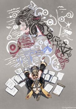 Rule 34 | automaton (object), bakeryowl, black collar, black sleeves, bonnet, book, brown hair, collar, columbina (genshin impact), detached collar, detached sleeves, gem, genshin impact, highres, kneeling, pen, red gem, sandrone (genshin impact), short hair with long locks, white headdress, winding key, writing