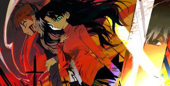 Rule 34 | 1boy, 1girl, black hair, black shirt, breasts, closed mouth, cowboy shot, emiya shirou, fate/stay night, fate (series), goguma wagamja, green eyes, hand on own chest, highres, long hair, long sleeves, medium breasts, orange hair, parted bangs, parted lips, red shirt, shirt, short hair, tohsaka rin