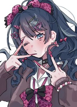 Rule 34 | 1girl, black choker, blue eyes, blue hair, blush, bow, bowtie, brown cardigan, cardigan, choker, collared shirt, earrings, gyaru, hair bow, hair ornament, hairclip, heart, heart earrings, heart hair ornament, heisei gals!!!! (love live!), heisei retro, highres, jewelry, kogal, lilac (li lac 3), link! like! love live!, long sleeves, looking at viewer, loose bowtie, love live!, murano sayaka, one eye closed, parallel hairclips, pink bow, ponytail, school uniform, shirt, simple background, solo, upper body, very long fingernails, virtual youtuber, white background, white shirt