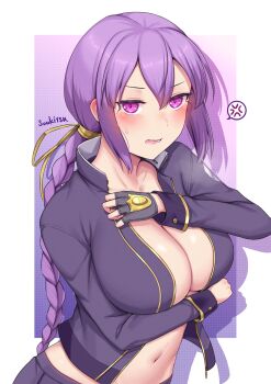 anger_vein blush braid braided_ponytail breasts cleavage covering_breasts covering_privates eltnum_(under_night_in-birth) fingerless_gloves gloves highres jacket large_breasts looking_at_viewer navel no_bra open_clothes open_jacket open_mouth ponytail purple_eyes purple_hair purple_jacket purple_skirt ribbon sidelocks single_fingerless_glove sion_eltnam_(type-moon) skirt soukitsu spoken_anger_vein under_night_in-birth yellow_ribbon