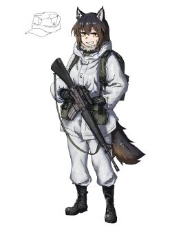 1girl absurdres animal_ears assault_rifle backpack bag black_boots black_gloves black_hair boots brown_hair commentary english_commentary fang gloves gradient_hair grin gun gun_sling highres hood hood_down hooded_jacket jacket looking_at_viewer m16 m16a1 multicolored_hair original pants parted_lips red_wolf_girl_(yihan_world) rifle scope simple_background smile solo tail weapon white_background white_jacket white_pants wolf_ears wolf_girl wolf_tail yellow_eyes yihan_world