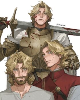 1boy a_song_of_ice_and_fire absurdres armor beard blood blood_on_armor blood_on_face bloody_weapon breastplate cape chest_strap closed_mouth commentary curtained_hair empty_eyes english_commentary etceteraart facial_hair faulds gold_armor grey_shirt highres holding holding_sword holding_weapon jaime_lannister looking_at_viewer looking_to_the_side male_focus medium_hair multiple_views red_shirt shirt sideways_glance simple_background smile sword wavy_hair weapon white_background white_cape yellow_eyes