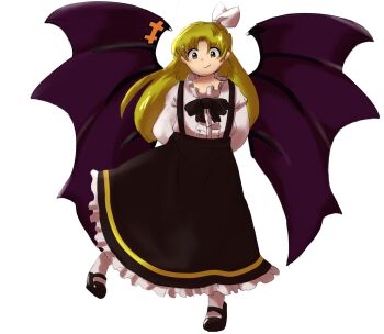 Rule 34 | 1girl, bat wings, black footwear, black skirt, blonde hair, bow, dress, frilled dress, frills, hair bow, highres, kurumi (touhou), long hair, long sleeves, lotus land story, murunge, ribbon, shirt, skirt, smile, solo, suspenders, touhou, touhou (pc-98), transparent background, wings, yellow eyes, zun (style)