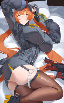 1girl absurdres alternate_breast_size_(larger) arm_on_own_head arm_up ass asymmetrical_gloves bed belt belt_pouch black_belt black_dress black_gloves black_horns blush breasts brown_thighhighs buckle chest_belt closed_mouth clothes_writing commentary_request cowboy_shot crossed_bangs dress fingerless_gloves gloves green_eyes green_gloves hai_maker hair_between_eyes half-closed_eyes hand_up highres hood hood_down hooded_dress horns huge_breasts indoors long_hair long_sleeves looking_at_viewer lying magus_(zenless_zone_zero) mechanical_horns mechanical_tail mismatched_gloves multicolored_gloves o-ring o-ring_thigh_strap on_bed on_side orange_hair orphie_magnusson pillow pointy_ears pouch red_pupils short_dress skindentation snap-fit_buckle solo tail thigh_strap thighhighs twintails two-tone_gloves underbust very_long_hair yellow_gloves zenless_zone_zero zipper zipper_dress