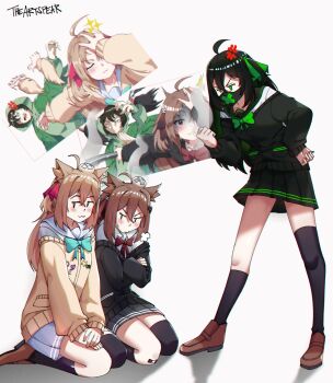 1boy 3girls ahoge anger_vein aqua_bow aqua_bowtie black_hair blue_sailor_collar bow bowtie brown_hair capelet cardigan closed_eyes closed_mouth commentary english_commentary evil_neuro-sama green_capelet green_hoodie hair_between_eyes hair_ribbon hand_on_own_face head_bump highres hood hoodie jujutsu_kaisen long_hair long_sleeves mask meme mouth_mask multiple_girls naoya_hitting_choso_without_looking_(meme) nere neuro-sama parody red_ribbon ribbon sailor_collar seiza short_hair simple_background sitting skirt the_artspear two_side_up upper_body vedal987 vedal_ai virtual_youtuber white_background yellow_cardigan