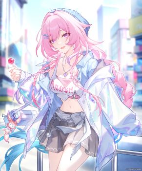 1girl absurdres aqua_hair bag blurry blurry_background braid candy casual character_charm charm_(object) commentary cyrene_(honkai:_star_rail) cyrene_(ripples_of_past_reverie)_(honkai:_star_rail) english_commentary food grey_skirt highres holding holding_candy holding_food holding_lollipop honkai:_star_rail honkai_(series) jacket jewelry knit_hat lollipop long_hair long_sleeves looking_at_viewer mem_(honkai:_star_rail) midriff multicolored_hair navel necklace official_alternate_costume official_art open_clothes open_jacket open_mouth pink_hair pointy_ears purple_eyes shoulder_bag skirt smile solo symbol-shaped_pupils white_jacket