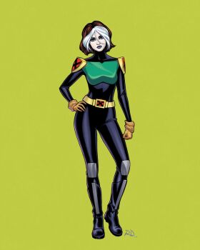 1girl armor black_bodysuit black_boots bodysuit boots brown_hair full_body gloves green_background hand_on_own_hip highres looking_at_viewer marvel multicolored_hair pauldrons rogue_(x-men) russell_dauterman short_hair shoulder_armor simple_background solo two-tone_hair white_hair x-men x-men_evolution yellow_gloves