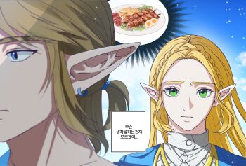 1boy 1girl blonde_hair blue_eyes blue_shirt braid crown_braid earrings egg food french_fries furrowed_brow gold_trim green_eyes hair_tie highres jewelry link long_hair looking_at_another medium_hair nintendo parted_bangs plate pointy_ears ponytail princess_zelda roggu_o_o shirt short_ponytail sidelocks skewer the_legend_of_zelda the_legend_of_zelda:_breath_of_the_wild tomato