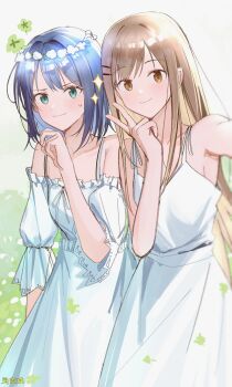 2girls :3 absurdres adachi_sakura adachi_to_shimamura blue_eyes blue_hair brown_eyes brown_hair chinese_commentary closed_mouth commentary_request dress haidao_mao hair_ornament hairclip head_wreath highres long_hair looking_at_viewer medium_hair multiple_girls off-shoulder_dress off_shoulder parallel_hairclips selfie shimamura_hougetsu short_sleeves sleeveless sleeveless_dress spaghetti_strap sparkle sweatdrop v white_dress