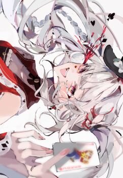 Rule 34 | 1girl, absurdres, braid, breasts, card, choker, cleavage, clothing cutout, commentary request, facial mark, hat, highres, honkai: star rail, honkai (series), joker (playing card), nail polish, pink eyes, playing card, popopoyu0, red streaks, shoulder cutout, sparkle (honkai: star rail), sparxie (honkai: star rail), teeth, twintails, upper teeth only, white hair, yellow eyes