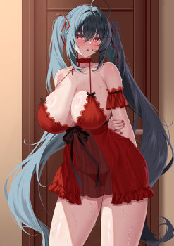 1girl absurdres arms_behind_back azur_lane babydoll black_hair breasts cleavage commentary_request hand_on_own_arm highres kirin3145 large_breasts long_hair looking_at_viewer panties parted_lips red_babydoll red_eyes solo sweat taihou_(azur_lane) twintails underwear very_long_hair wet