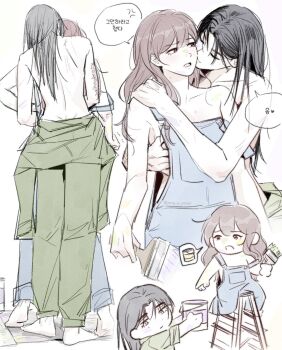 2girls barefoot black_hair blue_overalls brown_hair green_overalls hickey highres holding holding_paintbrush jong_e_yosae kiss kissing_cheek korean_text long_hair multiple_girls naked_overalls on_ladder open_mouth original overalls paint_can paintbrush scar scar_on_arm speech_bubble translation_request yuri