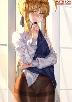 1girl ahoge artist_name artoria_pendragon_(fate) bad_id bad_pixiv_id blonde_hair blouse blue_ribbon blue_skirt blush braid braided_bun breasts brown_pantyhose casual clothes_lift club3 collared_shirt cowboy_shot crown_braid fate/stay_night fate_(series) female_focus green_eyes hair_bun half-closed_eyes highres indoors lifting_own_clothes long_hair long_sleeves looking_at_viewer medium_breasts pantyhose ribbon saber_(fate) shirt signature skirt skirt_lift smile solo thighband_pantyhose white_shirt