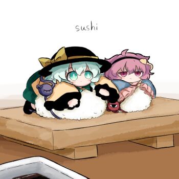 2girls black_boots black_hairband black_hat blue_shirt boots buttons diamond_button eyeball food frilled_sleeves frills green_eyes green_hair green_skirt hair_ornament hairband hat hat_ribbon heart heart_hair_ornament heripantomorrow in_food komeiji_koishi komeiji_satori mini_person minigirl multiple_girls pink_eyes pink_hair ribbon shirt siblings sisters skirt sushi third_eye touhou wide_sleeves yellow_ribbon yellow_shirt