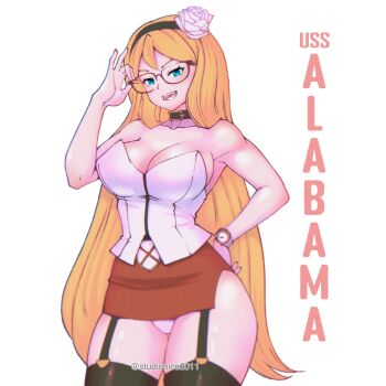 Rule 34 | 1girl, adjusting eyewear, bare arms, bell, biting own tongue, black hairband, black thighhighs, blonde hair, blue eyes, borrowed character, breasts, commentary, cowboy shot, double-parted bangs, english commentary, flower, garter straps, glasses, hair flower, hair ornament, hairband, hand on own hip, highres, large breasts, long hair, looking at viewer, microskirt, neck bell, open mouth, original, panties, red skirt, shirt, simple background, skirt, solo, strapless, strapless shirt, studionice2011, thighhighs, underwear, watch, white background, white flower, white panties, white shirt, wristwatch