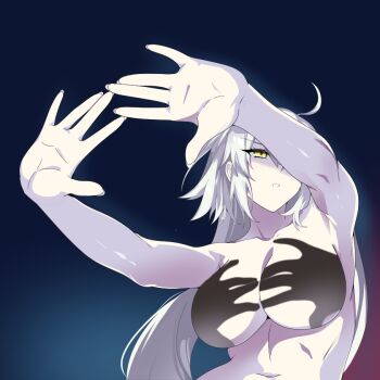 1girl ahoge breasts collarbone commentary english_commentary fate/grand_order fate_(series) hand_shadow_covering_breasts_(meme) jeanne_d'arc_alter_(fate) large_breasts long_hair meme navel nude shaul221 simple_background solo white_hair yellow_eyes