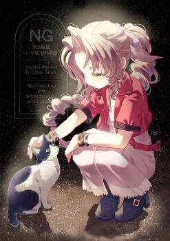 Rule 34 | 1girl, absurdres, aerith gainsborough, arestear0701, artist name, bangle, boots, bracelet, braid, braided ponytail, breasts, brown boots, brown hair, buttons, cat, choker, cleavage, cropped jacket, dress, final fantasy, final fantasy vii, final fantasy vii remake, flower choker, full body, green eyes, hair ribbon, highres, hugging own legs, jacket, jewelry, long dress, long hair, looking at another, medium breasts, parted bangs, petting, pink dress, pink ribbon, red jacket, ribbon, short sleeves, sidelocks, single braid, squatting, yellow eyes