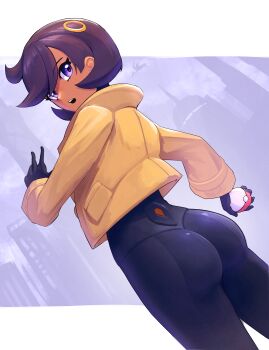 1girl absurdres ass black_bodysuit black_hair bodysuit bodysuit_under_clothes curvy dark-skinned_female dark_skin dutch_angle emma_(pokemon) from_behind highres holding holding_poke_ball huge_ass jacket looking_back nintendo open_mouth poke_ball poke_ball_(basic) pokemon pokemon_legends:_z-a purple_eyes purple_hair short_hair solo wide_hips yellow_jacket yodokogon