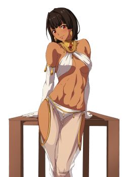 1girl abs absurdres ancient_egyptian_clothes bob_cut breasts brown_hair criss-cross_halter dark-skinned_female dark_skin excaliblader gloves halterneck harem_outfit highres jewelry leaning_back panties rana_(original_character) red_eyes short_hair toned toned_female translucent underboob underwear white_panties