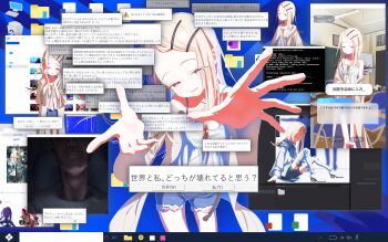 1boy 1girl absurdres camisole commentary_request denim denim_shorts fake_screenshot fourth_wall gakuen_idolmaster highres icon_(computing) idolmaster long_hair multiple_views orange_eyes pixiv reaching reaching_towards_viewer shinosawa_hiro shorts smile surreal terminal translation_request utsusemi_1024 window_(computing)