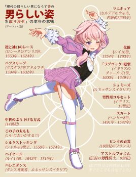 Rule 34 | 1boy, absurdres, arms up, astolfo (fate), ballet, ballet boots, blush, bow, circle, crossdressing, crossdressing (mtf), fashion, fate (series), flat chest, footwear bow, footwear ribbon, hadaparuka, highres, leaning forward, leg up, long hair, long sleeves, one eye closed, pink eyes, pink hair, pink skirt, pleated skirt, ponytail, skirt, smile, solo, thighhighs, thighs, translated, trap, white thighhighs, yellow background