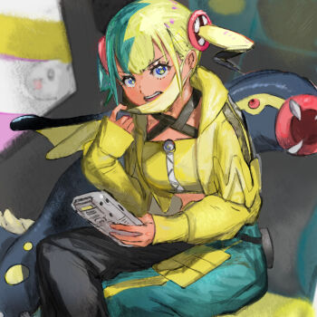 1girl angry blonde_hair blue_eyes canari_(pokemon) commentary_request eelektross eyelashes fumuna game_boy gen_5_pokemon handheld_game_console jacket long_sleeves looking_at_viewer mask_pull midriff nintendo pants pokemon pokemon_(creature) pokemon_legends:_z-a sitting solo twintails tynamo yellow_jacket