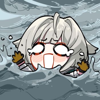 1girl ahoge animal_ears arknights arknights:_endfield asphyxiation bird_ears bird_girl blush_stickers chibi commentary crying crying_with_eyes_open drowning gloves grey_hair hair_intakes hands_up kinbakuman long_hair lowres ocean open_mouth outstretched_arms partially_submerged perlica_(arknights) simple_background solo tears upper_body white_background yellow_gloves