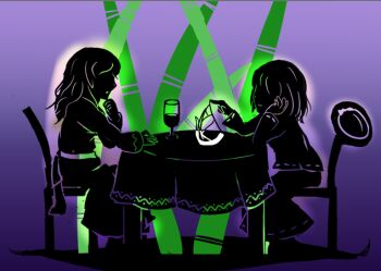 Rule 34 | back bow, bamboo, bow, capelet, chair, changeability of strange dream, closed mouth, commentary request, cup, dress, drinking glass, gap (touhou), hand on own cheek, hand on own chin, hand on own face, hand on table, hat, hat bow, kirisame marisa, long hair, maribel hearn, minus (sr mineka), no eyes, open mouth, pointing, purple background, ribbon-trimmed capelet, ribbon-trimmed skirt, ribbon trim, sash, shirt, short hair, sitting, skirt, smile, table, touhou, unworn hat, unworn headwear, usami renko, wine glass