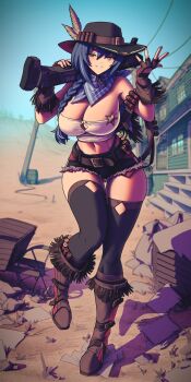 12-gauge 1girl absurdres alternate_costume ammunition bandeau bandolier bare_shoulders belt black_hat black_thighhighs blue_hair blue_scarf blue_sky boots braid breasts brown_belt brown_boots brown_gloves bullpup cleavage commentary commission cowboy_hat cowgirl_(western) cutoffs day denim denim_shorts double-barreled_shotgun dp-12_(girls&#039;_frontline) fingerless_gloves full_body girls&#039;_frontline gloves grey_eyes grin gun hair_between_eyes hands_up hat hat_feather highres holding holding_gun holding_weapon knee_boots large_breasts light_blush long_hair looking_at_viewer midriff multiple-barrel_gun navel over_shoulder pump-action_shotgun pump_action scarf shadow sheriff_badge short_shorts shorts shotgun shotgun_shell side-by-side-barreled_shotgun signature skindentation sky smile solo standard_manufacturing_dp-12 standing standing_on_one_leg thighhighs weapon weapon_over_shoulder white_bandeau zhvo