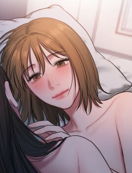 Rule 34 | 2girls, bad thinking diary, black hair, blush, brown eyes, brown hair, couple, highres, kang yuna (bad thinking diary), kim minji (bad thinking diary), multiple girls, on bed, rangrarii, short hair, smile, yuri