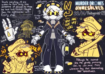 1boy anger_vein arm_blade black_jacket black_pants reference_sheet closed_mouth face_filter fewer_digits fur_trim grey_shirt hat highres humanoid_robot jacket jewelry looking_at_viewer machine mechanical_arms mechanical_head mechanical_legs murder_drones n_(murder_drones) open_clothes open_jacket open_mouth pants ring robot rocket_boots screen shirt short-sleeved_jacket short_hair short_sleeves sword tail tsukyiio two-tone_hat weapon wedding_ring white_hair yellow_eyes