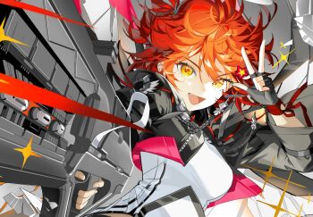 Rule 34 | 1girl, arknights, black gloves, black jacket, breasts, cropped jacket, dress, exusiai (arknights), exusiai the new covenant (arknights), fang, finger on trigger, fingerless gloves, floating hair, gloves, gun, holding, holding gun, holding weapon, jacket, long sleeves, looking at viewer, medium breasts, medium hair, mona0101, open clothes, open jacket, open mouth, orange eyes, red hair, solo, upper body, w, weapon, white dress