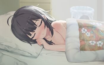1girl ahoge black_hair blush closed_eyes futon game_cg highres loli morning_after non-web_source nude on_bed open_mouth pillow pov_across_bed ruriri shiawasena_neet_no_sodatekata shizuku_(neet-chan) sleeping solo trash_can