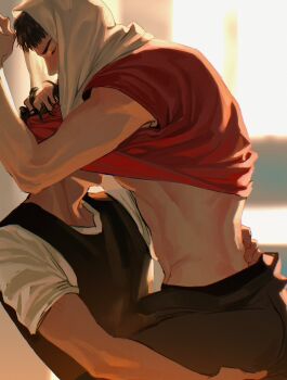 2boys backlighting black_hair black_pants black_vest clothes_lift fingernails grabbing_another&#039;s_ass groping highres male_focus midriff mitsui_hisashi miyagi_ryouta multiple_boys overexposure pants pectorals red_shirt shirt shirt_lift short_hair sidepec slam_dunk_(series) vest white_shirt yaoi yinbito