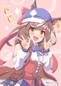 Rule 34 | 1girl, animal ears, belt bag, blue bow, blue bowtie, blue hat, blue skirt, blush, bow, bowtie, breasts, brown hair, center frills, clothing cutout, commentary request, corset, double w, ears through headwear, frills, hair ornament, hairclip, hat, horse ears, horse girl, looking at viewer, matikanetannhauser (panpaka tiltott) (umamusume), matikanetannhauser (umamusume), medium hair, mokichi3356, multicolored hair, newsboy cap, open mouth, parallel hairclips, red corset, shirt, shoulder cutout, skirt, smile, solo, streaked hair, tilted headwear, umamusume, w, white shirt, white skirt, yellow eyes