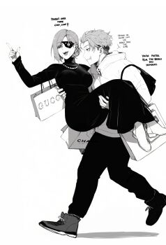 1boy 1girl absurdres bag carrying commentary dress english_commentary english_text eyepatch highres holding holding_bag itadori_yuji jewelry jujutsu_kaisen jujutsu_kaisen_modulo kugisaki_nobara long_dress masoq necklace old old_woman pearl_necklace pointing princess_carry scar scar_on_face scar_on_mouth shoes shopping_bag smile sneakers wrinkled_skin