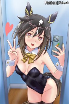 1girl absurdres animal_ears black_hair bow breasts brown_eyes highres holding holding_phone horse_ears horse_girl horse_tail mirror_selfie multicolored_hair nekroz7 nontraditional_playboy_bunny phone playboy_bunny selfie small_breasts stay_gold_(umamusume) streaked_hair tail tongue tongue_out two-tone_hair umamusume v white_hair white_streaks wrist_cuffs yellow_bow