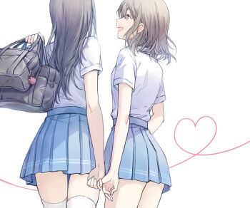 2girls bag bag_charm black_hair brown_hair charm_(object) chocomirukuaji heart heart_of_string holding holding_bag long_hair medium_hair miniskirt multiple_girls open_mouth original pinky_out pleated_skirt school_bag shirt skirt smile thigh_gap thighhighs white_shirt white_thighhighs yuri zettai_ryouiki