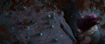 1girl 6+others absurdres arrow_(projectile) axe bow_(weapon) bracelet branch double-sided_axe fantasy from_above fur_collar glowing glowing_eyes goblin hair_flowing_over hammer highres holding_machete jewelry medium_hair multiple_others on_branch orange_leaf original painterly red_eyes red_hair samuel_smith scenery shield weapon