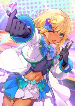 1boy black_gloves blonde_hair blue_bow blunt_bangs bow capelet cowboy_shot crescent crescent_hair_ornament dark_elf elf finger_heart frilled_shirt frills gloves green_eyes hair_ornament highres holding holding_microphone idol idol_clothes mare_bello_fiore microphone navel official_alternate_costume one_eye_closed open_mouth overlord_(maruyama) pleated_skirt pointy_ears shirt short_hair skirt sleeveless sleeveless_shirt stage stage_lights sweat tsugu0302 vest white_skirt