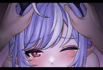 1boy 1girl blush chromatic_aberration commentary commentary_request english_commentary head_grab highres implied_fellatio letterboxed looking_at_viewer mixed-language_commentary multicolored_hair one_eye_closed paid_reward_available pointy_ears pov purple_hair red_eyes selcky sidelocks streaked_hair tears vivian_banshee wise_(zenless_zone_zero) zenless_zone_zero