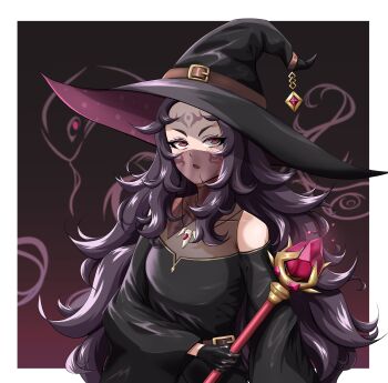 Rule 34 | 1girl, absurdres, alternate costume, black hair, commentary request, facial mark, fire emblem, fire emblem fates, forehead mark, hat, highres, holding, holding staff, messy hair, mouth veil, nintendo, nyx (fire emblem), solo, staff, veil, witch, witch hat, zawazawapokeka