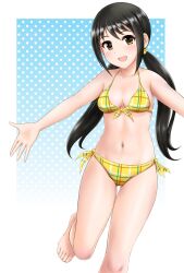 Rule 34 | 1girl, bare shoulders, bikini, black hair, blue background, blush, border, breasts, brown eyes, cleavage, collarbone, dot nose, flick (sal23), front-tie bikini top, front-tie top, gradient background, hair tie, halftone, halftone background, highres, idolmaster, idolmaster cinderella girls, idolmaster cinderella girls starlight stage, long hair, looking at viewer, low twintails, medium breasts, nakano yuka, navel, open hand, open mouth, outside border, outstretched arms, side-tie bikini bottom, smile, solo, standing, standing on one leg, swimsuit, toes, twintails, white border, yellow bikini
