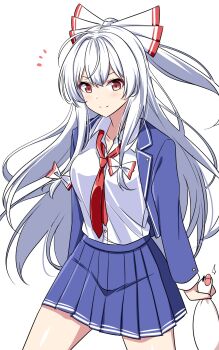 1girl alternate_costume artist_self-insert blue_jacket blue_skirt blush bow breasts closed_mouth collared_shirt commentary_request fujiwara_no_mokou hair_bow highres jacket long_hair long_sleeves looking_at_viewer necktie open_clothes open_jacket pleated_skirt red_necktie rise_(rise19851203) school_uniform shirt simple_background skirt smile solo split_mouth touhou very_long_hair white_background white_bow white_hair white_shirt