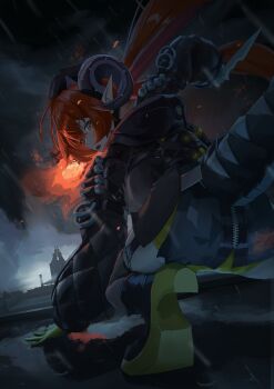 1girl ammunition ass asymmetrical_gloves black_hat black_horns black_jacket black_shoes building cloud cloudy_sky dark_cloud dragon_girl dragon_horns dress fingerless_gloves from_behind gloves green_eyes grey_sky hair_between_eyes hand_on_ground hat highres holding holding_knife holding_weapon horns jacket knife long_hair looking_back mechanical_horns mechanical_tail mismatched_gloves open_mouth orange_hair orange_pupils orphie_magnusson panties pointy_ears puddle rain shoes single_fingerless_glove sky solo tail teeth thighhighs tongue tsubakuro31 twintails underwear upper_teeth_only weapon yellow_gloves yellow_panties zenless_zone_zero zipper_dress