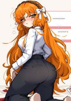 Rule 34 | 1girl, ass, ass focus, barefoot, black pants, blush, breasts, commentary, english text, feet out of frame, fluffy hair, freckles, from behind, hair between eyes, hair intakes, hair ribbon, hairband, highres, ishmael (project moon), limbus company, long hair, long sleeves, looking at viewer, looking back, medium breasts, orange eyes, orange hair, pants, project moon, request inset, ribbon, ro/ku, shirt, white ribbon, white shirt